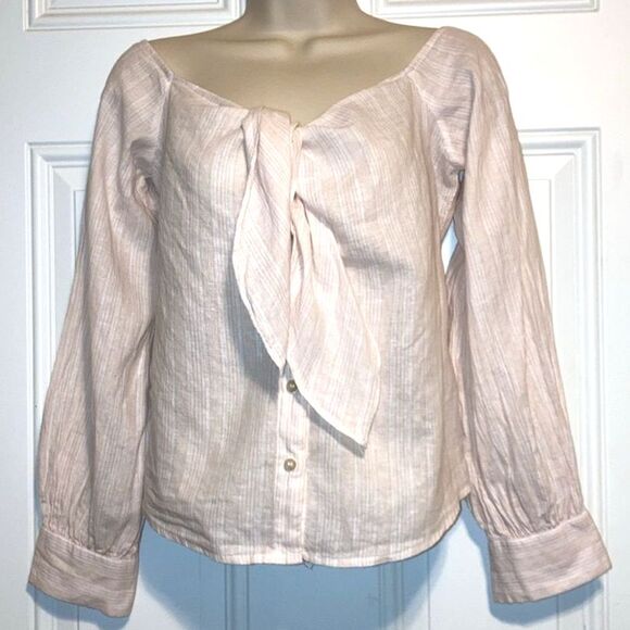 FREE PEOPLE Linen Blend Hello There Off The Shoulder  Pink White Mini Stripes XS - Picture 5 of 12